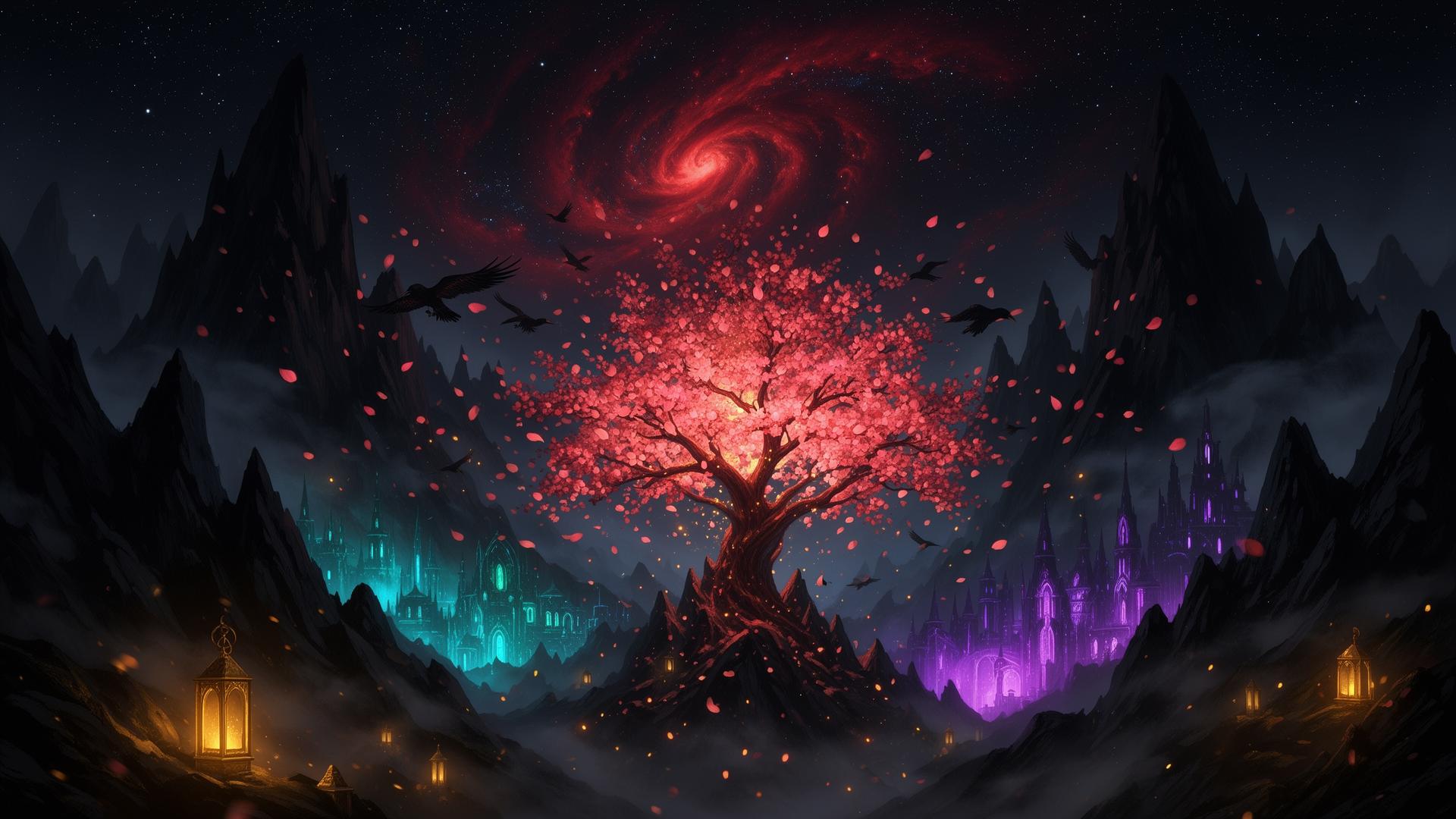 Cinematic worlds — mountains, blossom tree, neon cities, ravens